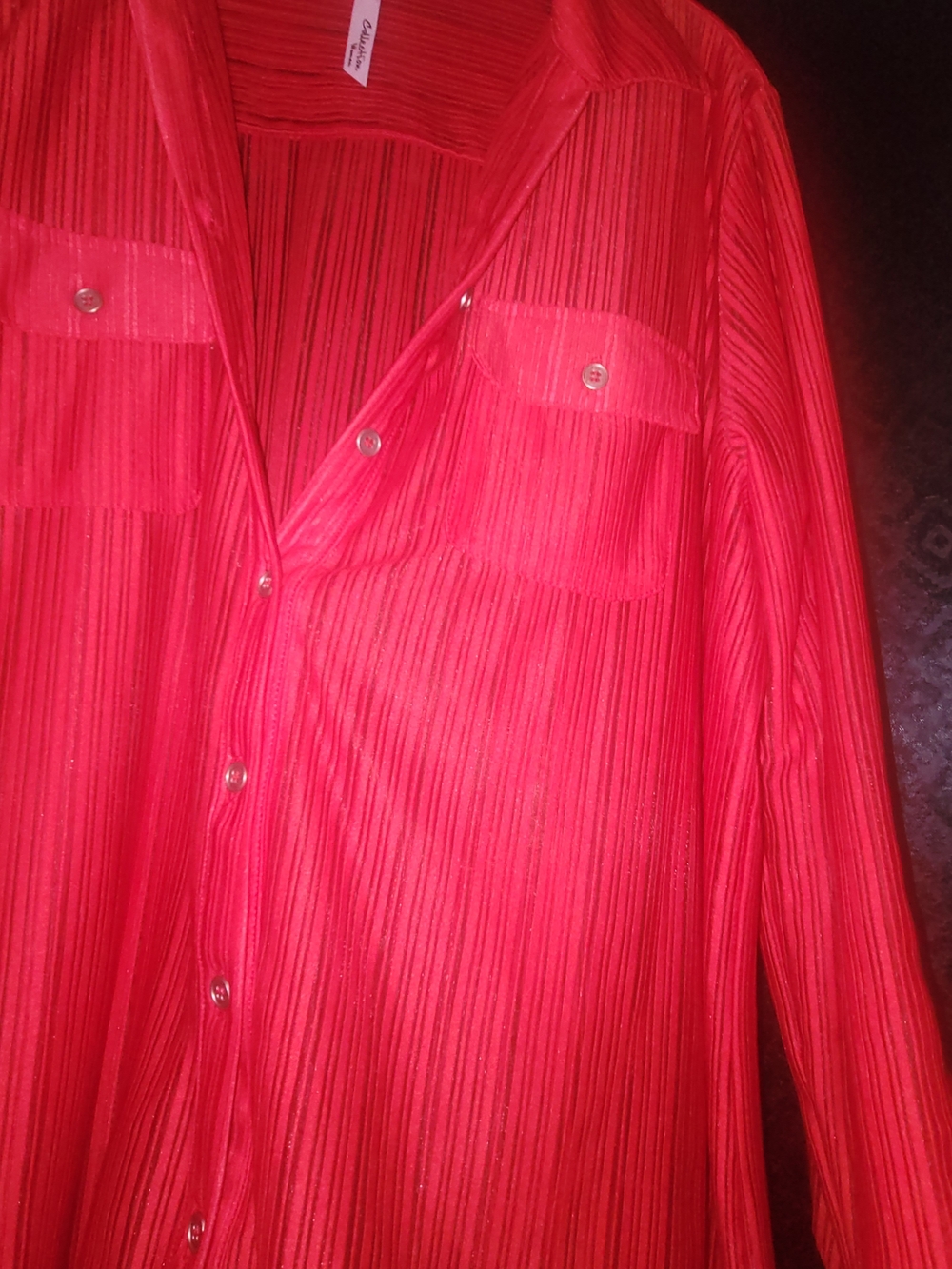 Ladie's Red Casual Button-Down Shirt with Subtle Stripe Texture